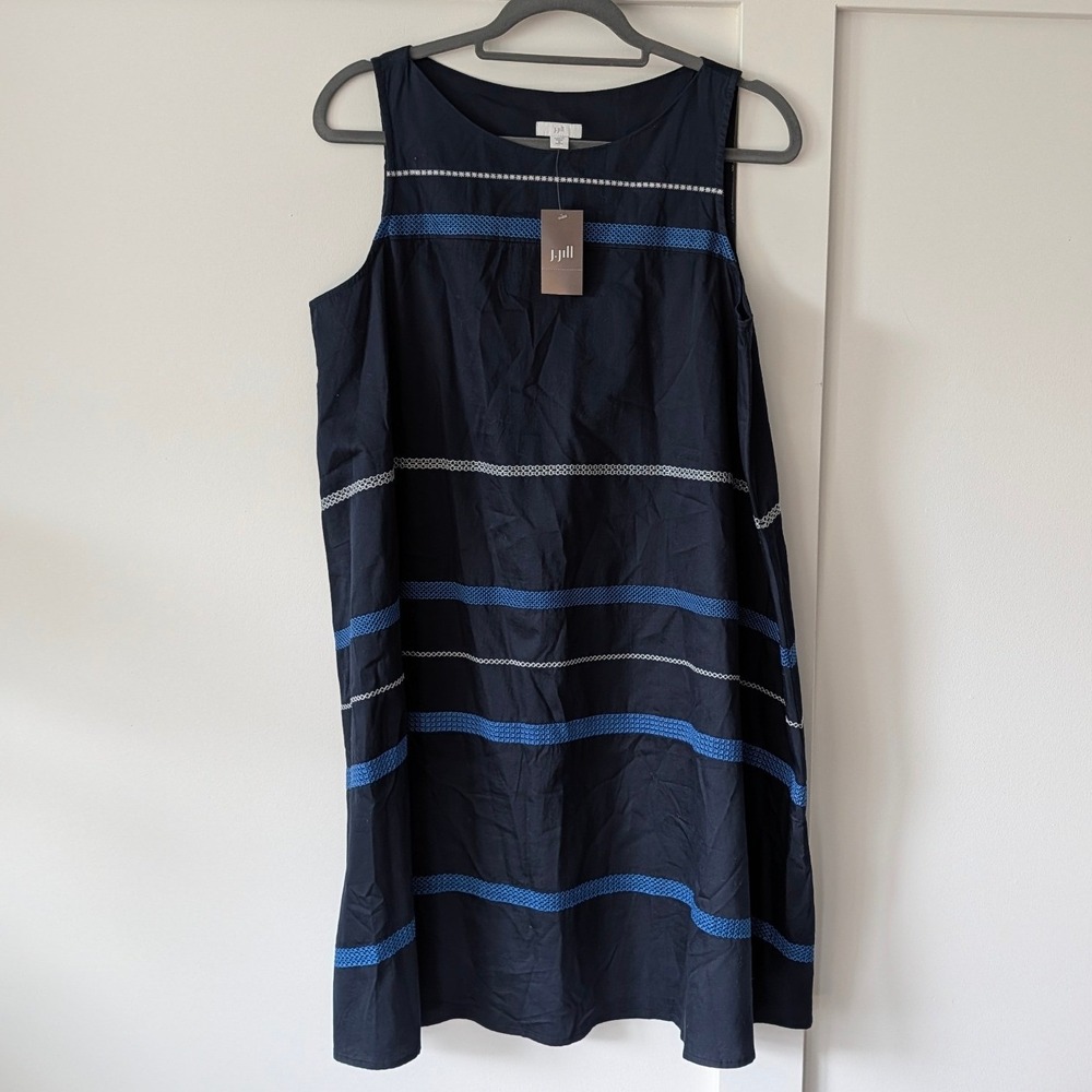 J.Jill Navy‎ Blue Embroidered Sleeveless Cotton Shift Dress Size MP, NWT!
